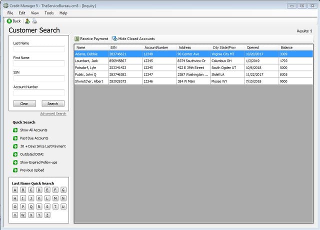 Credit Manager, Metro 2 Credit Reporting Software, Quick Search.